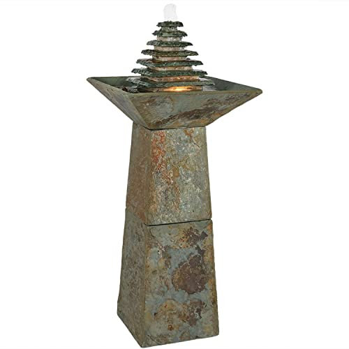 Sunnydaze Fontana in ardesia da esterno da 101 cm, a piramide, con luci a LED, per patio, terrazza, giardino
