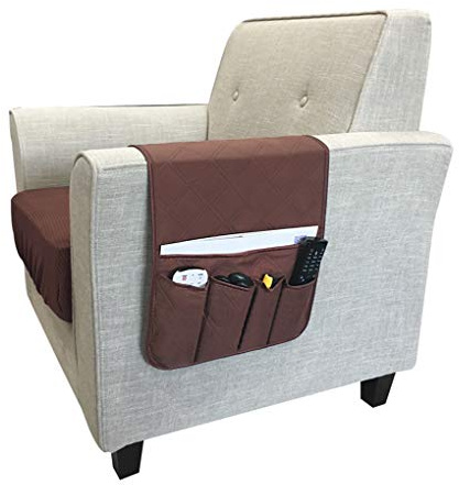 IPENNY Anti-Slip Couch Sofa Armrest Organiser Chair Bedside Storage Pocket TV Remote Holder Bed Storage Pocket Bag for Cellphone Notepad Book Magazines Holder Pouch (#E5-Coffee (5 pockets))