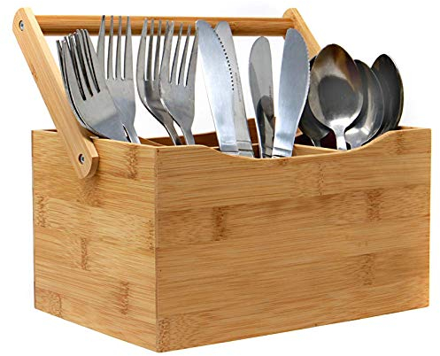 Bamboo Cutlery & Utensil Holder – Caddy Organiser with Handle for Knives, Forks, Condiments, Crafts or Office – Tabletop Storage for Home, Restaurants, Cafés & Kitchens | M&W