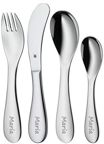 WMF Kinderbesteck KNUDDEL poliert personalisiert | 4- TLG mit Wunsch Gravur Besteck Set Knuddel WMF mit Namen graviert, ab 3 Jahre | Geschenk zur Geburt | Taufe | Geburtstag