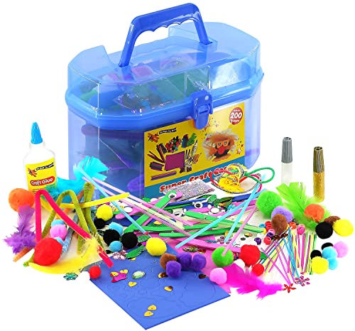 The Magic Toy Shop Kids Giant Mega Super Craft Art Carry Case with Over 200 Pieces - Feathers, Pom Poms, Beads, Sticks, Neon Laces, Wool, Sequins, Gems, Googly Eyes, Glitter Glue (Blue)