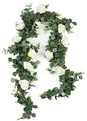 Famibay Künstliche Eukalyptus Girlande mit Weiß Rosen Blumen Blätter Girlande für Hochzeit Zuhause Dekoration