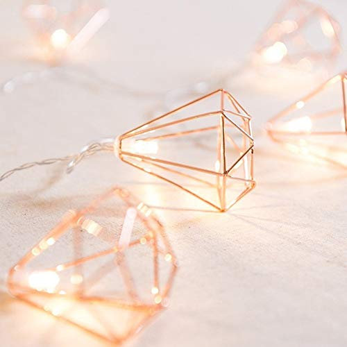 nulala LED fairy lights, vintage lampshade fairy lights, rose gold metal polygon lantern cage, geometric lights, battery operated for home garden, wedding