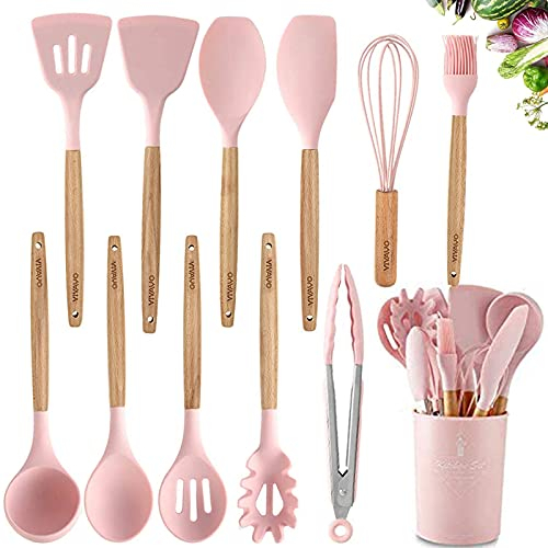 VIVAYO Juego de utensilios de cocina de silicona, 12 piezas de utensilios de cocina de silicona, asas de madera, juegos de espátulas de cocina con soporte, pinzas volteadoras, color rosa