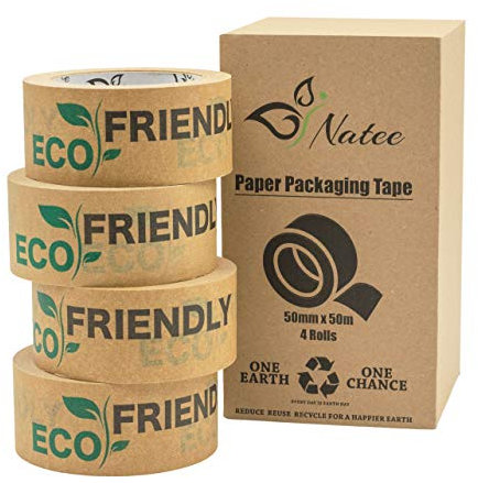 NATEE® Nastro di carta da imballaggio,Nastri completamente riciclabili,Carta kraft stampata ecologica per imballaggi e scatole,Rotolo adesivo forte 50 mx50 mm,4 rotoli