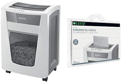 Leitz IQ Set Office Pro Aktenvernichter, Mikroschnitt, Sicherheitsstufe P6+, 6-5 Blatt Kapazität (70-80 g/m²), 30L Abfallbehälter, Schredder, Weiß, 80100000 + Leitz IQ Ölblätter 80070000