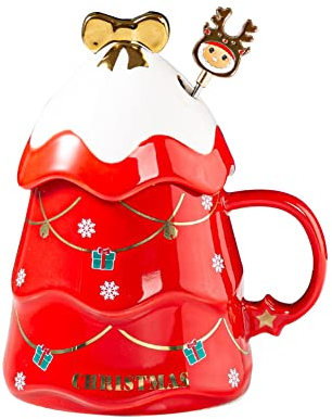 Weihnachtstassen Tassen mit Löffel Becher Keramik Weihnachtsbaum Kaffeetasse Merry Christmas Kaffeebecher Weihnachtsmotive Weihnachtsdekor Geschenk & Geschenkidee
