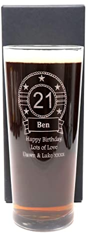 Regalo Personalised Engraved Birthday Pint Beer/Cider/Lager Glass for Son on his 18th or 21st Birthday. Gift for Dad 40th & Grandad 60th - Birthday Design (Cardboard Gift Box)