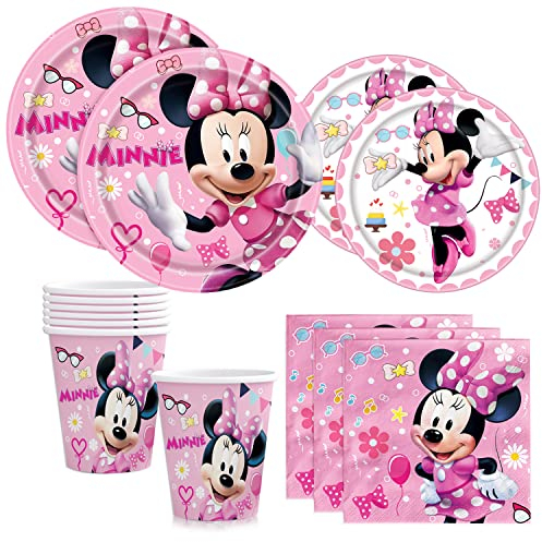 Minnie compleanno, 68 pcs Set Articoli Per Feste Minnie Per Compleanno, Piatti, Tazze, tovaglioli, Kit di Decorazioni di Compleanno per Ragazze(Serve 16 persone)