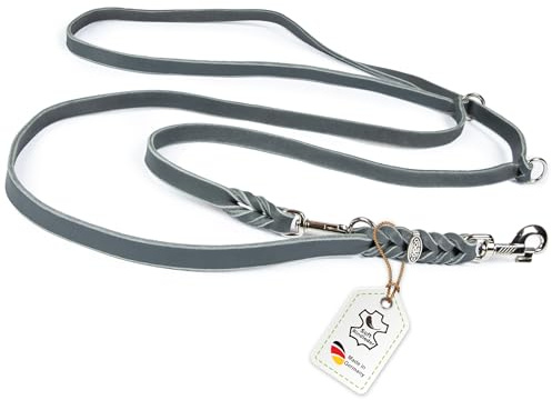 Hundeleine Leder 2m mittelgroße Hunde Fettlederleine [3-Fach Verstellbar] Lederleine geflochten – robuste Leine Hund mit Chrombeschlägen – Führleine Hund & Freihandleine – Dog Leash Grau 15mm