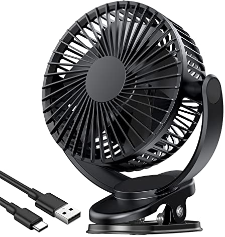 ATEngeus ventilateur Pince USB 5 inch avec batterie 5000 mAh, Portable Petit Ventilateur de Bureau, 3 vitesses, double rotation à 360°, avec câble USB, convient pour les familles, les bureaux