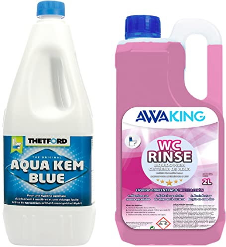 Thetford Aqua KEM Blue + Rinse 2L Awaking, Pack Aditivos para Aguas Negras de Caravanas, Depósito de Residuos Autocaravanas, Sanitary Fluid, Altamente Concentrado, Líquido Potty, WC Quimico