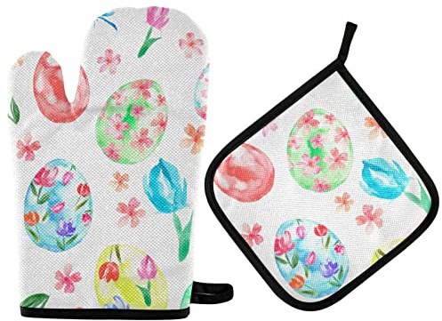 Ofenhandschuh und Topflappen für Ostern, Geschenkset, Aquarell, Tulpeneier, Libellenblume, hitzebeständiger Kochhandschuh, Küchentopflappen