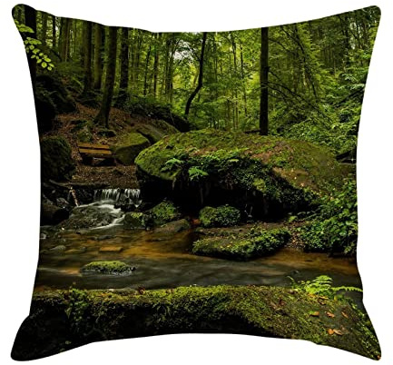 1Pcs Cushions Covers 50x50cm, Cotton Cushion Covers Green Brown Tree Stream Stones Linen Pillowcase for Living Room Sofa Bedroom