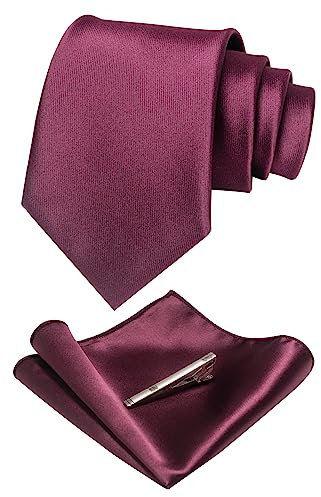 JEMYGINS Ensemble Cravate Homme en Satin Multicolore avec Pinces à Cravate et Carré de Poche caoutchouc de vin rouge marron