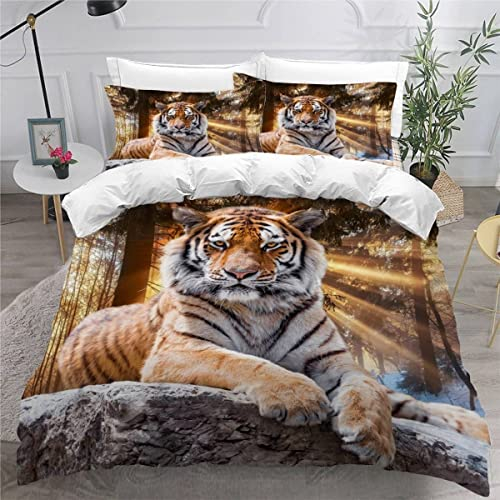 AKATIE Bettwäsche 155x220 Tiger Bettbezug 3D Druck flauschig Hypoallergen Bettwäsche-Set 3Teilig Teenager Jungen Mädchen Mikrofaser Bunt Waldtiere Betten Set