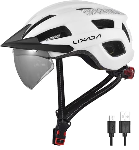 Lixada Casque de vélo,Casque Vélo VTT,Unisexe Casque avec Pare-Brise et Pare-Soleil, feu arrière Rechargeable, Casque de vélo réglable pour la sécurité et la Protection