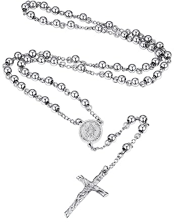 Supcare Damen Rosenkranz Katholische Halskette Gebetskette Christlich Edelstahl Kette Jungfrau Maria Rosary Jesus Kreuzkette Religiöse Kruzifix Anhänger Cross Necklace Modeschmuck für Herren Jungen