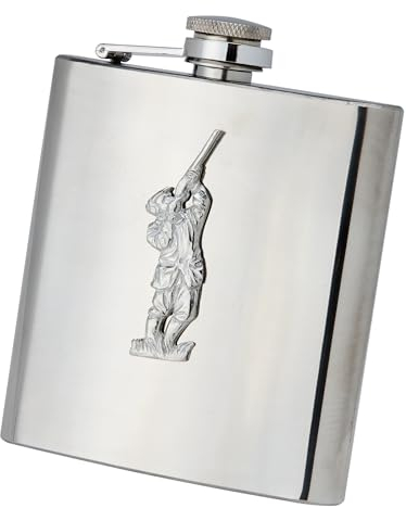 Farm Cottage Brands 6oz Oblong Stainless Steel Hip Flask with Funnel in a Presentation Box - with a pewterware Motif of a Man Shotgun Shooting