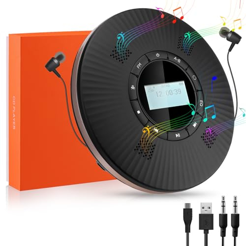 HOTT CD Player Tragbar Bluetooth CD-Player mit 4 Lautsprecher und FM-Transmitter, Tragbarer CD Player mit Anti-Skip, Wiederaufladbarer Kleiner Discman CD Player mit Kopfhörern für Auto, Zuhause
