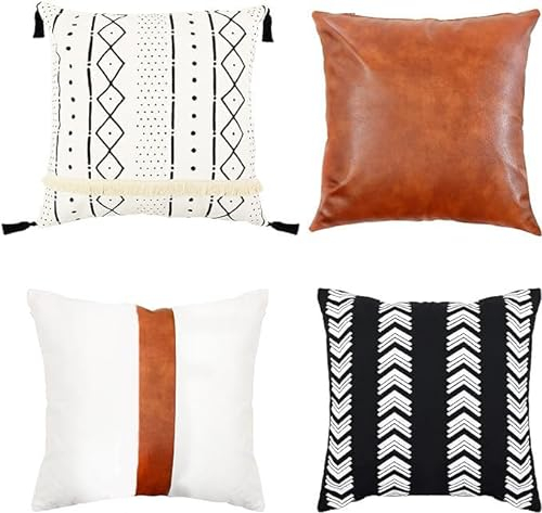 Alwinia Boho Kissenhüllen, Kunstleder Kissenbezug modern 4er Set, 45x45cm schwarz weiß, Wohnzimmer Deko, Kissenbezüge Boho Design, Dekokissen, Moderne Zierkissen, Sofakissen, Dekoration