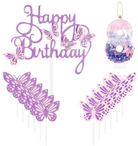 Geburtstagskerzen Happy 8th Butterfly, rosa lila Zahl 8 Kerze mit Schmetterlingskuchen, Cupcake-Topper für Mädchen, Kuchendekorationen zum 8. Geburtstag, niedlicher 8. Geburtstag Kuchenaufsatz für