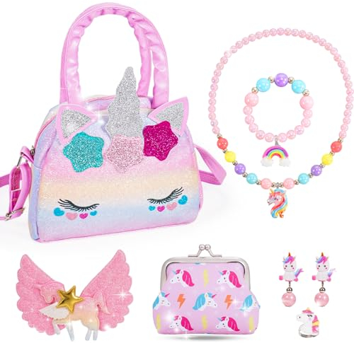 Adeokay Licorne Sac a Main Bijoux Enfants Fille, Licorne Cadeau Fille 2 3 4 5 6 Ans, Licorne Jouet Fille 3-9 Ans, Cadeau Anniversaire Fille 3 4 5 6 7 Ans, Licorne Sac Enfant Fille Cadeau Licorne