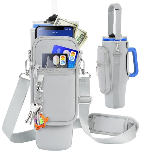 Sac de transport pour bouteille d'eau avec poche pour téléphone compatible avec gobelet Stanley/Meoky de 1,2 l avec poignée, pochette en néoprène avec sangle réglable, compatible avec les accessoires