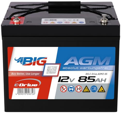 BIG E-Drive AGM Traktionsbatterie: Ideal für Rehatechnik, E-Scooter, Außenborder, Hebebühnen, Fördertechnik, Aufzüge, Robotik, FTS, Industrie, DC-Stromversorgung (12V - 85Ah)