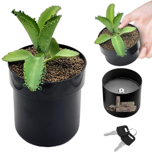 Pasdrucn Safe in Form eines Blumentopfs, Schließbar versteckte Blumenkiste, Creative Flower Pot Stash Box, Geheimversteck Geld, Schlüssel und andere Wertsachen (Schwarz)