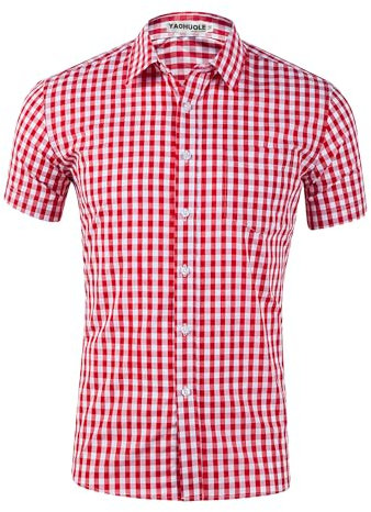 YAOHUOLE Chemise Homme Coton Lin Bavaroise à Carreaux pour Homme Traditionnel Oktoberfest Rouge XL