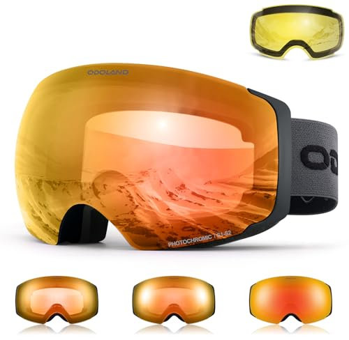Odoland Photochromic Skibrille Magnetisch, OTG Snowboardbrille mit Magnetische Wechselglas für Damen und Herren Jungen Große Sphärische rahmenlose Schneebrille Orange