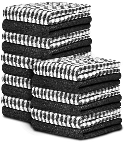 GC GAVENO CAVAILIA Black Tea Towels Set of 16 | 46 x 65 Cm Check Large Bar Kitchen Towels Set | Absorbent Chef Tea Towel Dish Cloths For Washing & Cleaning | 35% Polyester, 65% Cotton Dish Towels