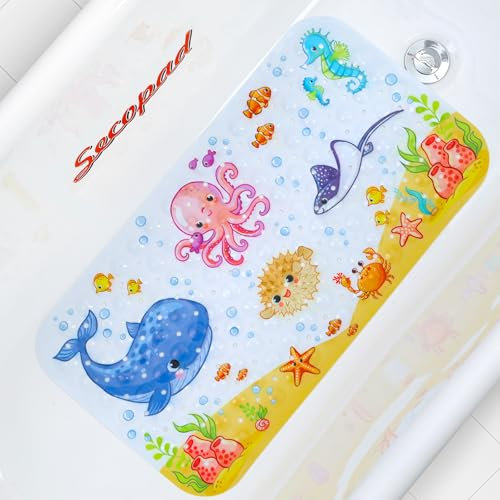 Secopad Baby Badewannenmatte für Badewanne, 70x38 cm rutschfeste Cartoon Badewannen Duschmatte für Kinder, Anti-Rutsch Badewannenmatte mit Saugnäpfen, Maschinenwaschbar, Pink Octopus