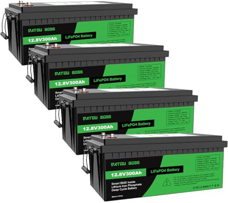 DATOUBOSS 4*Batterie Lithium 12V 300Ah LiFePO4,BMS intégré 200A,15000+Cycles Cycle Profond Batterie Lithium,Max 3840W Puissance supportée en série/parallèle,Parfait pour Solaire, Camping-Car, Off-Grid