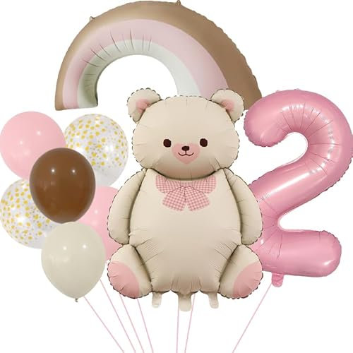 DazzJoy Bär Geburtstagsdeko 2 Jahre Mädchen, Luftballon 2. Geburtstag Mädchen Junge, Geburtstagsdeko Mädchen 2 Jahre Geburtstage, Bären Ballon 2 Geburtstag Mädchenn mit Regenbogen Luftballons