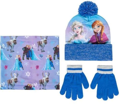 Disney Frozen Bommelmütze + Schlauchschal + Handschuhe für Mädchen 3-teiliges Winterset für Kinder Elsa Anna, Elsa / Anna, 2-8 Jahre
