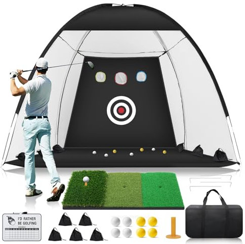 Golf Net, 10x7ft Practice Net with Foldable Tri-Turf Mat, All in 1 Golf Hitting Aid with Scoreboard & Target, Chipping Training Nets for Backyard Driving, Gifts for Men Dad Husband Boys