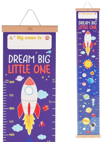 Legami - Dream Big Little One Messlatte zum Aufhängen für die Körpergröße von Kindern, bis 160 cm, 41 Aufkleber im Lieferumfang enthalten, mit Holzleisten, Motiv Space, Blau