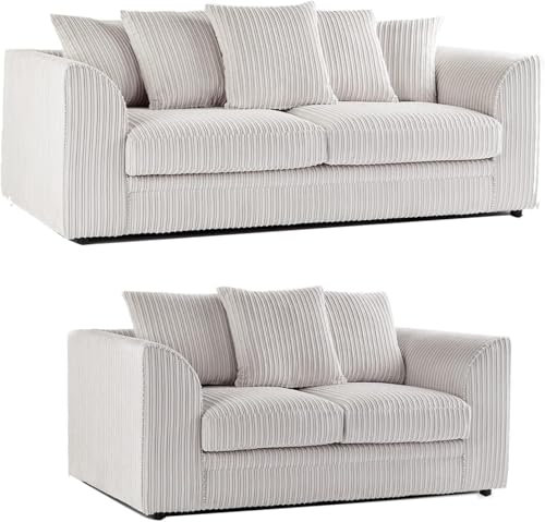 Bequemes Dylan Jumbo Cord Sofa Set 3-Sitzer L-förmige Eckcouch mit Streu-Rückenkissen Creme Wohnzimmer Lounge Möbel