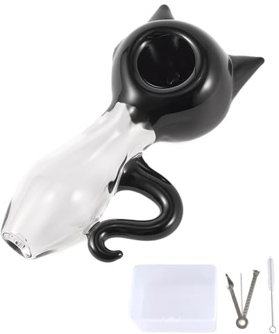 LIVBTS Handcrafted Glass Herb Pipe with Cute Cat Design, High Borosilicate Glass, Durable, Includes 3-in-1 Tool, Cleaning Brush, Storage Box – Cool Smoke and Easy Cleaning(Black)