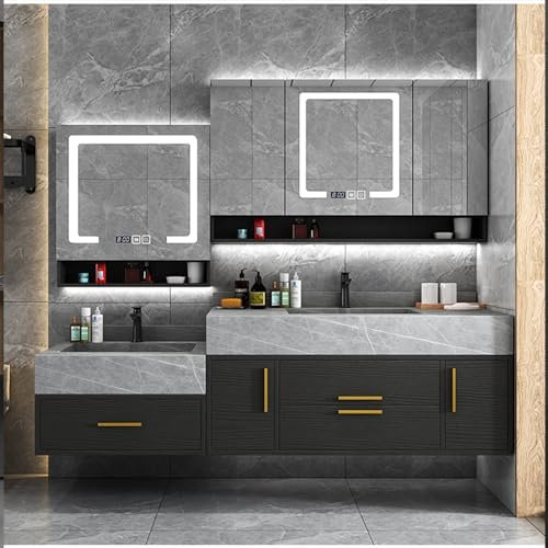 KJHYYPP Doppelwaschbecken, moderner Badezimmer-Waschtisch, 142 cm, Badezimmerschrank mit Waschbecken mit intelligenter LED-Lampe und Metallelement, 3 Schubladen