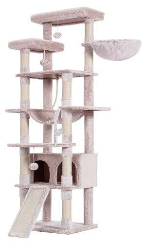 Heybly Árbol para Gatos, 200 cm de Altura Torre para Gatos, con 11 Postes, 2 Plataformas, 1 Cuevas, Cesta, Hamaca, 3 Pompón, Multinivel para Gatos Grandes, Beige Marrón HCT033MU