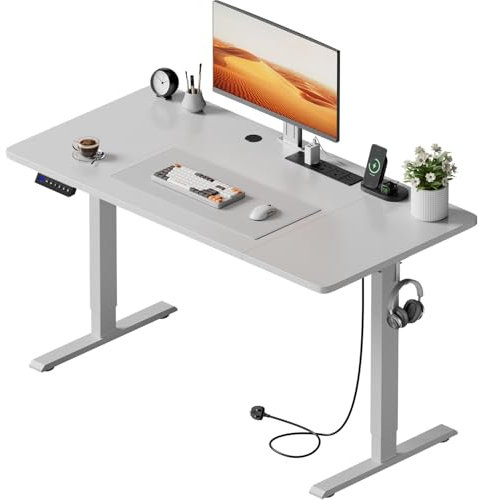Precision Synergie Electric Standing Desk, 160x60cm Height Adjustable Desks with 3 Power Outlets & 2 USB Ports and 3 Memory Smart Panels Home Office Desk with Headphone Hook and Splice Board(White)