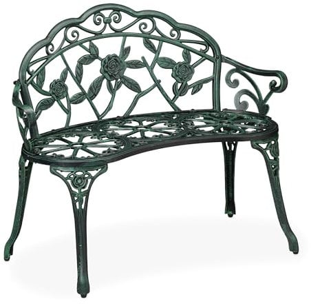 Relaxdays Garden Bench, 2-Seater, Balcony & Patio, Aluminium & Cast Iron, HWD: 79x99x56 cm, Outdoor Seat, Black/Green
