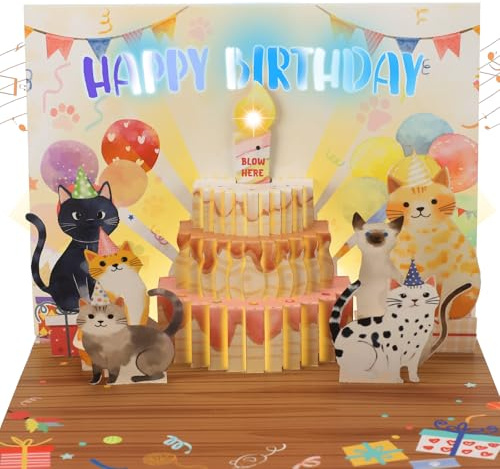 Musical Birthday Cards, Cat Pop Up Birthday Cards with Lights, DIY Number Age 3D Blowable Candle Greeting Card, Birthday Card for Boys, Girls, Man, Woman, Wife, Husband, Cat Lover