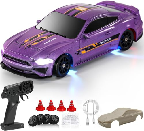 KAIMIO 1:43 Scale Drift RC Car with Gyro Mini Full Proportional RTR 2.4GHZ Remote Control with RGB Lights and a Replaceable Body Shell (8500-Lila)