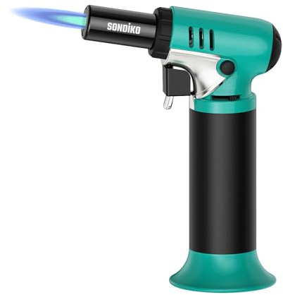 Sondiko Chalumeau de cuisine avec jauge de carburant S907, briquet rechargeable avec flamme réglable pour desserts, crème brûlée, soudure, industriel, cyan et noir (butane non inclus)
