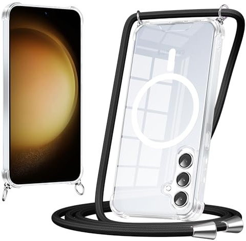 Buoluoioir Magnétique Collier Coque pour Samsung Galaxy S23 5G avec Cordon 6.1,[Compatible avec MagSafe] Transparent Réglable Lanyard Necklace Case,Ultra Mince Silicone TPU Antichoc Housse,Noir