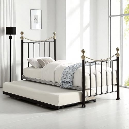 OAT Home Hampstead Victorian Single Metal Bed Frame with Guest Trundle in White/Black with Polished Antique Brass Detail (Black)